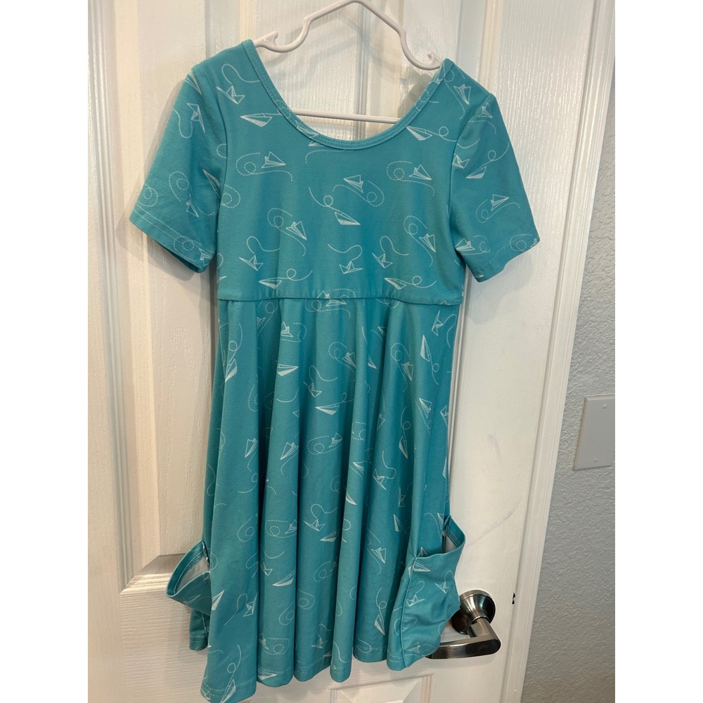 Unbranded Skater Dress Teal Blue Paper Airplane‎ Print Pockets Kids Size 6Y